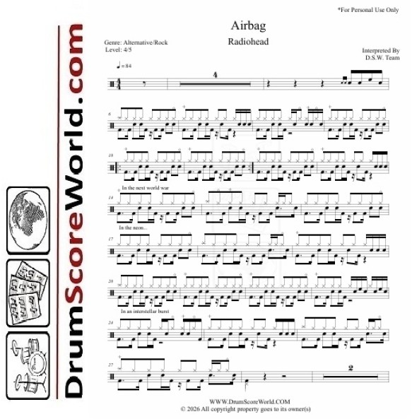 Radiohead - Airbag | Drum Sheet + Play-Along Track